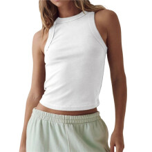 Damen-Tanktop, Ärmellos, Gerippt, Tailliert, Racerback, Rundhalsausschnitt, Hoher Halsausschnitt, Basic Weiß M