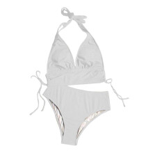 Damen-Bikini-Sets, Hoch Tailliert, Gerippte Bademode, Badeanzug, Neckholder, Kordelzug, Gerüscht, 2-Teiliger Badeanzug Weiß L