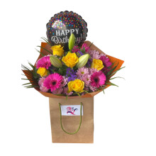 Stunning Birthday Bouquet with Balloon Gift Bag | Fresh Yellow Roses, Pink Gerberas, Lilies and Chrysanthemums | Florist Designed