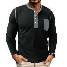 Herren Henley Shirts Raglan Langarm Casual Slim Fit Fashion T-Shirts Schwarz XL