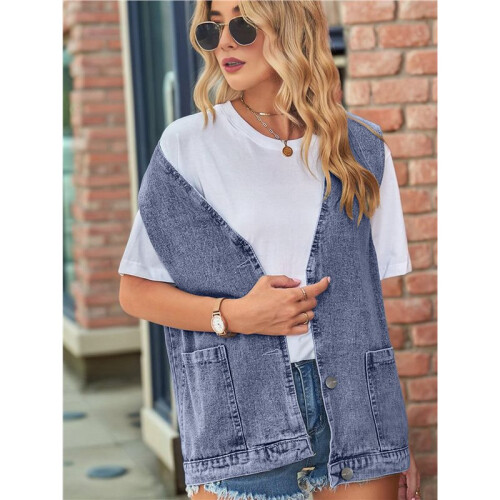 Damen Vintage Jeansweste Übergroße Button-Down-Jeansweste Hellblau M 1