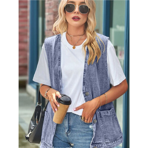 Damen Vintage Jeansweste Übergroße Button-Down-Jeansweste Hellblau M 2