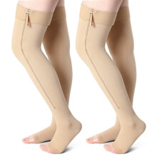 2 Pairs Nude Thigh 2030 mmHg Zipper Compression Socks for Women and Men, Open Toe Support for Swelling and Edema