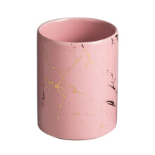 Pink Ceramic Toothbrush Holder 350ml Bathroom Tumbler Cup with Golden Grain Porcelain Marble Design