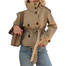 Kurzer Damen-Trenchcoat, Zweireihig, Stehkragen, Herbst-Winter-Mäntel, Trendiges Outfit mit Gürtel Khaki M
