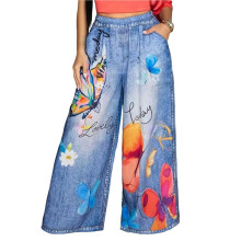 Sommerhose für Damen mit Hohem Bund, Blumenmuster, Lockerem Schnitt, Weitem Bein und Taschen Königsblau XXL