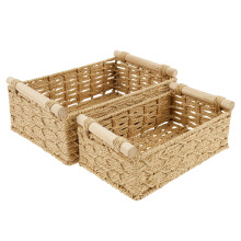 2 Pcs Beige Toilet Paper Basket with Decorative Wood Handle, Creative Rope Bathroom Storage Baskets for Home and Bedroom