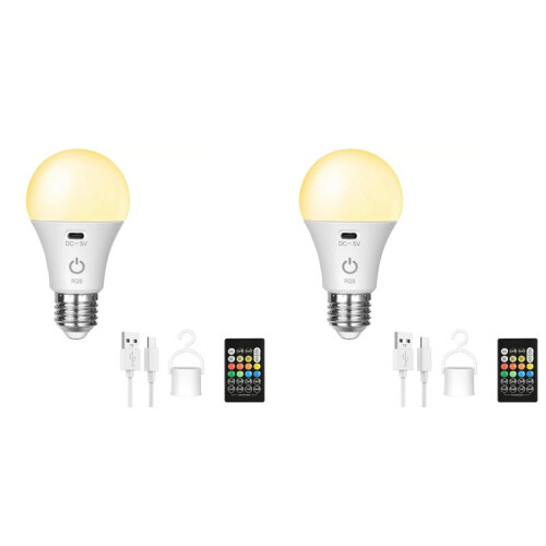 2X  RGB USB LED Bulb - Rechargeable, Dimmable  Bulb E27 with Timing Cordless Battery Operated Light Bulb