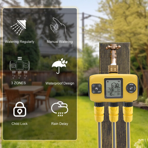 Smart Water Timer 3 Zone Programmable Garden Hose Controller with Rain Delay and Brass Inlet 1