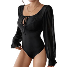 Tie Neck Long Sleeve Short Sleeve Bodysuit for Women Mesh Ruffle Sleeves Going Out Tops Black XL