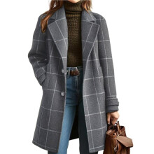 Women'S Winter Notched Collar Plaid Wool Trench Coat Button Down Mid Long Overcoat Outerwear Gray L
