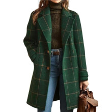 Women'S Winter Notched Collar Plaid Wool Trench Coat Button Down Mid Long Overcoat Outerwear Dark Green S