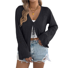 Women Crochet Long Sleeve Loose Casual Open Front Cardigan Drape Sweaters Boho Summer Beach Coverups Black L