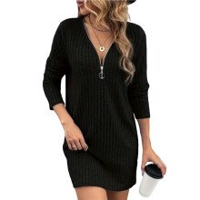 Damen-Strickkleid mit 1/4-Reißverschluss, Gerippter Strickstruktur, Langen Ärmeln, Lässigem Bodycon-Herbstkleid, Midi-Länge Schwarz XL