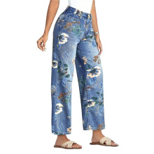Broekprint Broek met Wijde Pijpen voor Dames, Trendy Middelhoge Taille, Boho Enkelbroek, Schattige Jeans Lichtblauw XL