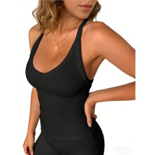 Sporttops für Damen: Racerback-Top, Basic-Tanktop, Sommer-Camisole, V-Ausschnitt, Schmale Passform, Gerippt, Ärmellos Schwarz M