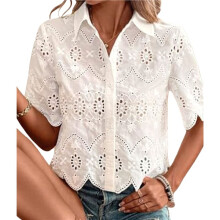 Blusa Feminina de Manga Curta com Botões e Gola, Bordada com Ilhós. Branco M