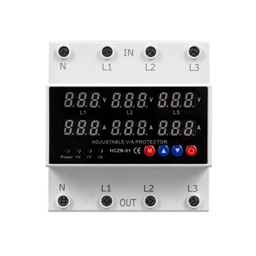 3 Phase Din Rail Voltmeter Ammeter with over/Under Voltage Current Limit Protection Self-Resetting Surge Protector 63A