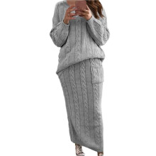 Women'S Winter Chunky Cable Knit Long Skirt 2 Piece Outfit Sweater Sets Dark Gray XXL