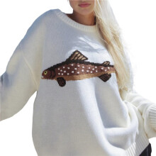 Women Contrast Fish Sweater Long Sleeve Crew Neck Ribbed Knit Pullover Sweaters Fall Casual Tops White M