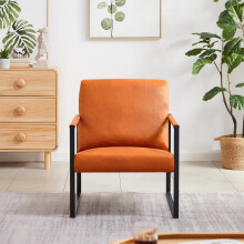 Orange Accent Chair for Living Room, Modern PU Leather Armchair with Extra Thick Cushion and Metal Frame