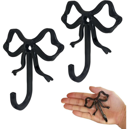 Bow Wall Hook,2 Pack Black Bow Knot Hooks Brass Wall Mounted Functional Hooks Cast Iron Wall Towel Hook 1