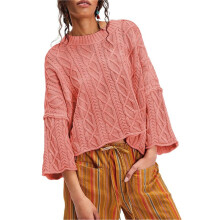 Womens Cable Knit Cropped Sweaters Oversized 3/4 Sleeve Crew Neck Fall Casual Pullover Tops Watermelon Red XL