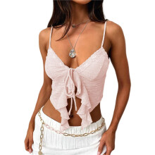 Women Tie Front Crop Top Y2k Spaghetti Strap Lace Tank Flowy Going Out Vest Tops Split Cute Cami-Shirt S
