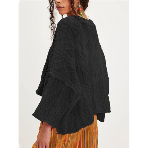 Womens Cable Knit Cropped Sweaters Oversized 3/4 Sleeve Crew Neck Fall Casual Pullover Tops Black M 1