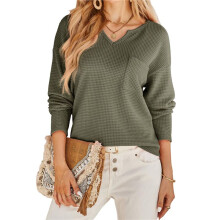 Womens Tops Waffle Knit Long Sleeve Notched V Neck Shirts Casual Trendy Solid Color Loose Blouses Army Green M