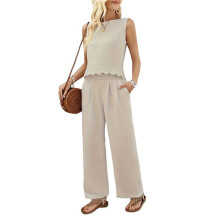 Women'S 2 Piece Outfits Vest Crew Neck Sleeveless Casual Sets Wide Leg Pants Suits Apricot S