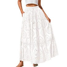 Women'S Boho Casual Summer 2025 Lace Embroidery Eyelet Elastic Waist Flowy Tiered A- Beach Maxi Skirt White L
