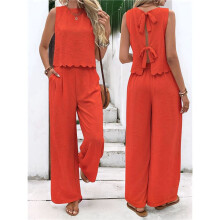 Women'S 2 Piece Outfits Vest Crew Neck Sleeveless Casual Sets Wide Leg Pants Suits Orange Color M
