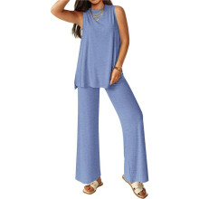 Damen 2-Teiliges Lounge-Set 2025 Sommer Casual Loose Tank Top Weite Hose Passende Outfits Trainingsanzug Hellblau S
