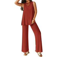 Damen 2-Teiliges Lounge-Set 2025 Sommer Casual Loose Tank Top Weite Hose Passende Outfits Trainingsanzug Weinrot M