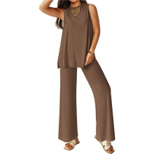 Damen 2-Teiliges Lounge-Set 2025 Sommer Casual Loose Tank Top Weite Hose Passende Outfits Trainingsanzug Khaki M