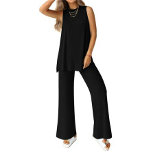 Damen 2-Teiliges Lounge-Set 2025 Sommer Casual Loose Tank Top Weite Hose Passende Outfits Trainingsanzug Schwarz XL