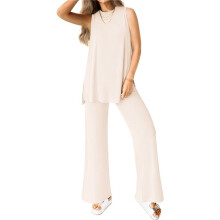 Damen 2-Teiliges Lounge-Set 2025 Sommer Casual Loose Tank Top Weite Hose Passende Outfits Trainingsanzug Cremeweiß S