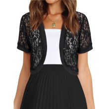 Womens Short Sleeve Shrug Open Front Floral Lace Summer Sheer Cropped Cardigan Black S