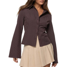 Women'S Button Down Shirts Striped Long Sleeve Collared Casual Work Blouses Tops Trendy Outfits Dark Brown XL