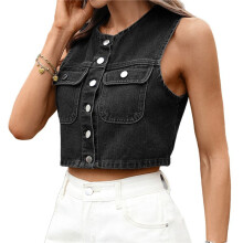 Jeanswesten für Damen, Kurzes Denim-Top, Button-Down-Weste, Tanktops, Modisch, Lässig, Ärmellos Schwarz & Grau S