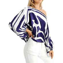 Womens Fall Loose 2 Piece Outfits Off Shoulder Printed Long Sleeve Casual Going Out Wide Leg Pants Set L