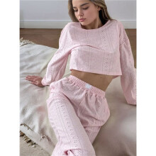 Zweiteiliges, Lässiges Pyjama-Set für Damen, Dünn Gestrickt, Langärmeliges Oberteil und Hose, Herbstkleidung 2025 Rosa M
