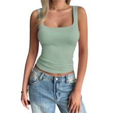 Women'S Sleeveless Square Neck Tank Top Double Layer Basic Crop Tops Summer Fitness Workout Casual Tops Bean Green XL