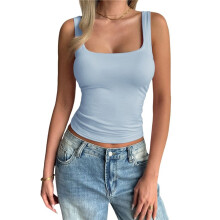 Damen Ärmelloses Tanktop mit Quadratischem Ausschnitt, Doppellagig, Basic, Bauchfreies Top, Sommer, Fitness, Workout, Freizeitoberteile Himmelblau XL