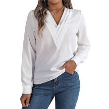Women'S Blouses Dressy Casual Triple V Neck Long Sleeve Blouse Business Work Tops White XL