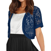 Womens Short Sleeve Shrug Open Front Floral Lace Summer Sheer Cropped Cardigan Navy L