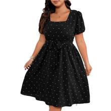 Women'S Size Elegant Retro Polka Dot Waist Tie Square Neck Swing Dress Black 4XL