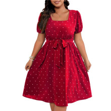 Women'S Size Elegant Retro Polka Dot Waist Tie Square Neck Swing Dress Red 4XL
