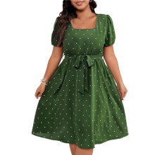 Women'S Size Elegant Retro Polka Dot Waist Tie Square Neck Swing Dress Green 4XL
